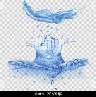 Translucent water surface with crown and drops from falling ice cubes. Splash in blue colors, isolated on transparent backdrop. Side view. Transparenc Stock Vector
