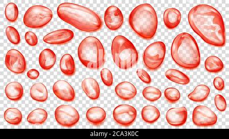 Set of red translucent water drops of different shapes, isolated on transparent background. Transparency only in vector format Stock Vector
