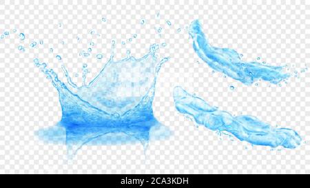 Set of translucent water crown with drops and two splashes or jets in light blue colors, isolated on transparent background. Transparency only in vect Stock Vector