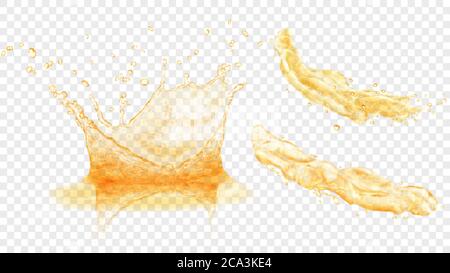 Set of translucent water crown with drops and two splashes or jets in yellow colors, isolated on transparent background. Transparency only in vector f Stock Vector