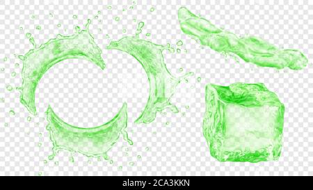 Set of translucent semicircular water splashes with drops, jet of liquid and ice cube in green colors, isolated on transparent background. Transparenc Stock Vector