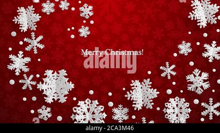 Christmas illustration with white three-dimensional paper snowflakes on red background Stock Vector