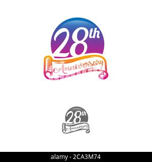 28 years anniversary logo template isolated on white, black and white stamp 28th anniversary icon label with ribbon Stock Vector
