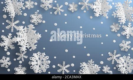 Christmas illustration with white three-dimensional paper snowflakes on gray background Stock Vector