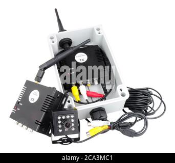 Mini wireless digital camera system with transmitter and receiver isolated on a white background Stock Photo