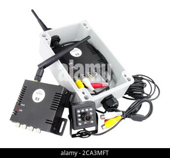 Mini wireless digital camera system with transmitter and receiver isolated on a white background Stock Photo