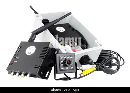 Mini wireless digital camera system with transmitter and receiver isolated on a white background Stock Photo
