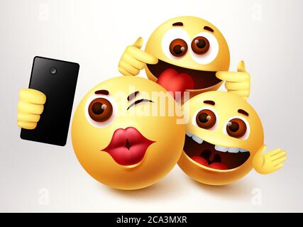 Emoji smiley selfie friends taking groupie vector characters. Smiley emoji of friendship emoticon in happy smiling, funny and kissing facial Stock Vector
