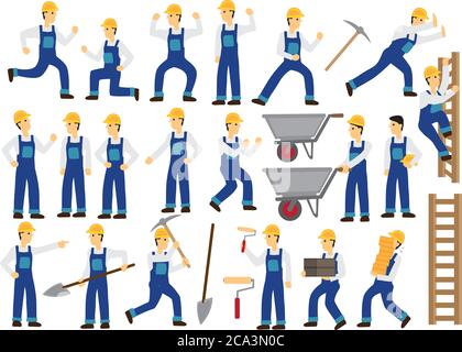 Construction worker character with different action and poses. Flat isolated vector illustration. Stock Vector