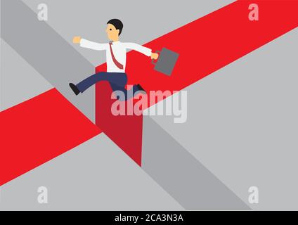 Businessman running on a red road and jumping over a giant gap. Vector cartoon illustration for concept on overcoming digital challenges or transforma Stock Vector