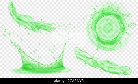 Top view and side view of translucent water crowns with drops and two splashes or jets in green colors, isolated on transparent background. Transparen Stock Vector