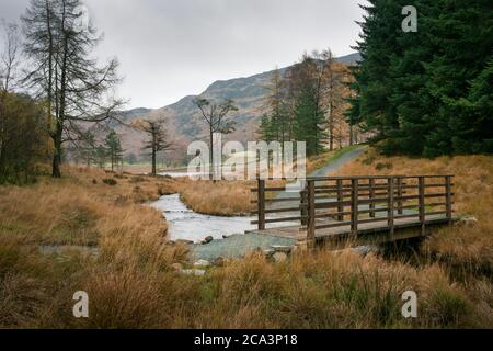The footbridge over Bleamoss Beck beside Blea Tarn in the Lake District National Park, Cumbria, England. Stock Photo