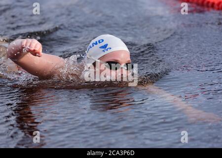 St. Petersburg, Russia, 2nd March, 2019: Lotta Mäkinen from Finland competes in winter swimming 200 m freestyle during Big Neva Cup. 211 swimmers from 16 countries participating in the competitions this year Stock Photo