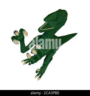 Low poly green dinosaur. Angry dinosaur with raised paws and sharp claws. Perspective view. 3D. Vector illustration. Stock Vector