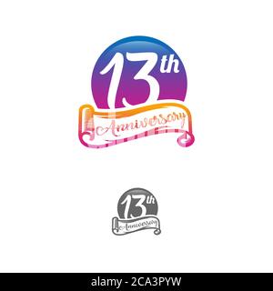 13 years anniversary logo template isolated on white, black and white stamp 13th anniversary icon label with ribbon Stock Vector