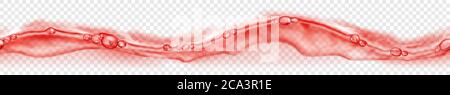Horizontal seamless banner with horizontally repeated translucent water wave in red colors with air bubbles and drops, isolated on transparent backgro Stock Vector