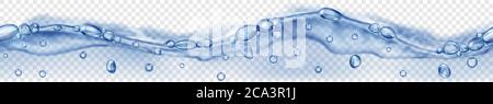Horizontal seamless banner with horizontally repeated translucent water wave in blue colors with air bubbles and drops, isolated on transparent backgr Stock Vector