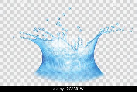 Translucent water crown with drops. Splash in blue colors, isolated on transparent backdrop. For used on light backgrounds. Transparency only in vecto Stock Vector