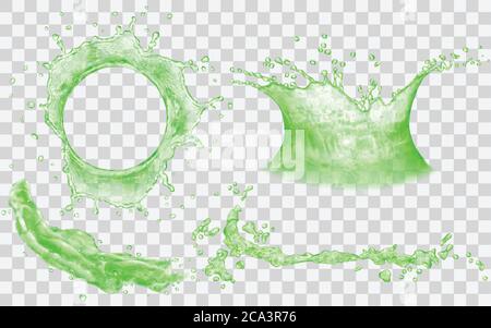 Translucent splashes and water crown with drops - top and side view. In green colors, isolated on transparent backdrop. Transparency only in vector fi Stock Vector