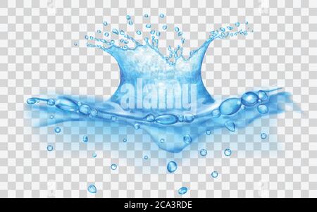Translucent water surface with crown and drops from falling object. Splash in light blue colors, isolated on transparent backdrop. Side view. Transpar Stock Vector