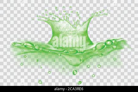 Translucent water surface with crown and drops from falling object. Splash in green colors, isolated on transparent backdrop. Side view. Transparency Stock Vector
