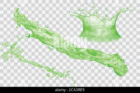 Translucent splashes and water crown with drops - side view. In green colors, isolated on transparent backdrop. Transparency only in vector file Stock Vector
