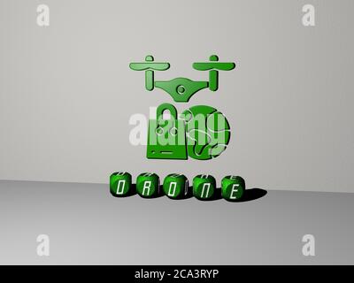 3D graphical image of DRONE vertically along with text built by metallic cubic letters from the top perspective, excellent for the concept presentation and slideshows. aerial and view Stock Photo