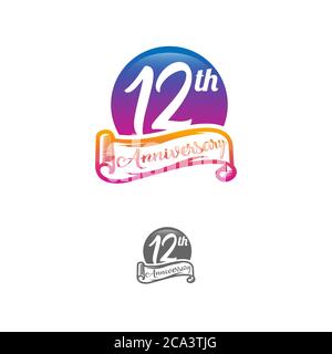 12 years anniversary logo template isolated on white, black and white stamp 12th anniversary icon label with ribbon Stock Vector