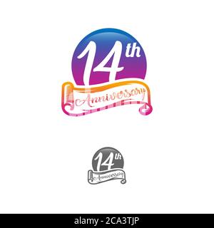 14 years anniversary logo template isolated on white, black and white stamp 14th anniversary icon label with ribbon Stock Vector