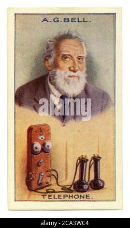 An old cigarette card (c. 1929) with a portrait of Alexander Graham Bell (1847–1922) and an illustration of a telephone. Bell was a Scottish-born inventor, scientist, and engineer who is credited with inventing and patenting the first practical telephone. He also co-founded the American Telephone and Telegraph Company (AT&T) in 1885. His research on hearing and speech led him to experiment with hearing devices which eventually culminated in Bell being awarded the first US patent for the telephone in 1876. Bell considered his invention an intrusion and refused to have a telephone in his study. Stock Photo