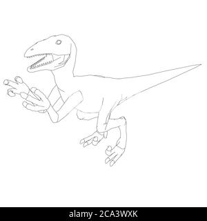 Dinosaur contour from black lines on a white background. Angry dinosaur with raised paws and sharp claws. Isometric view. 3D. Vector illustration. Stock Vector