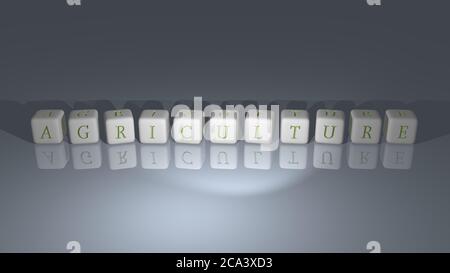 shiny AGRICULTURE built by cubic letters from the top perspective, excellent for the concept presentation in 3D illustration. background and farm Stock Photo