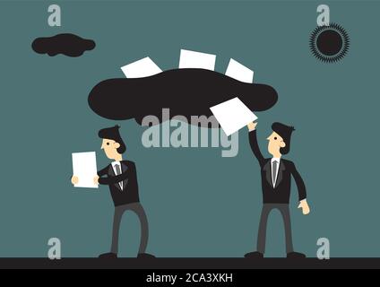 Cartoon businessmen using cloud technology to transfer and share information. Vector illustration on technology for business concept. Stock Vector