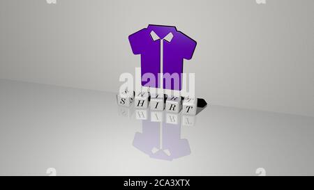 3D representation of SHIRT with icon on the wall and text arranged by metallic cubic letters on a mirror floor for concept meaning and slideshow presentation. background and white Stock Photo