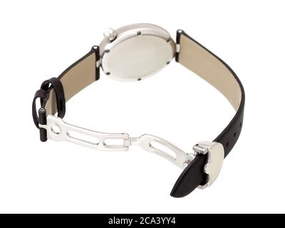 wrist watch with an open lock on a leather strap of a silver female watch back view isolated on white background. Stock Photo