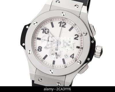 clock face men's wristwatch of light color with a lot of arrows, close up dial object isolated on a white background. Stock Photo