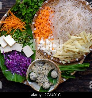tray of raw materials vegan noodles soup, colorful vegetables as carrot,  bean sprouts, bamboo shoot, tofu, simple Vietnamese dish healthy, nutrition Stock Photo