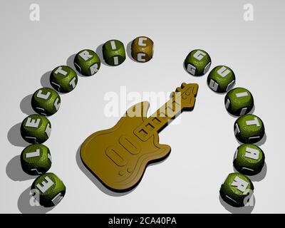 3D illustration of electric guitar graphics and text around the icon made by metallic dice letters for the related meanings of the concept and presentations. background and design Stock Photo