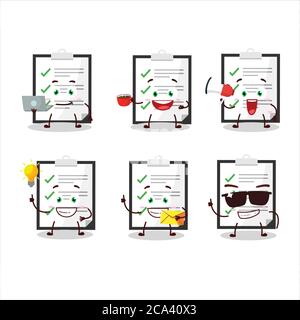 Checklist cartoon character with various types of business emoticons ...