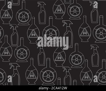 Seamless pattern with outline toxic chemicals in the bottles for your design Stock Vector