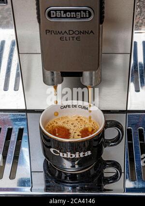 espresso home coffee making from DeLonghi Prima Donna Elite automatic bean to cup machine Stock Photo