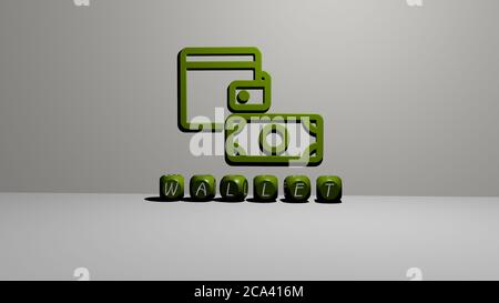 3D graphical image of wallet vertically along with text built by metallic cubic letters from the top perspective, excellent for the concept presentation and slideshows. illustration and money Stock Photo