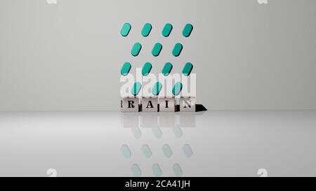 3D graphical image of RAIN vertically along with text built by metallic cubic letters from the top perspective, excellent for the concept presentation and slideshows. background and illustration Stock Photo