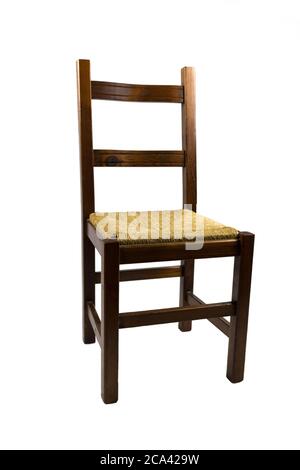 A wooden vintage chair isolated in a white background. Upper angle view. Stock Photo