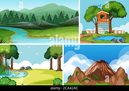 Four different scenes in nature setting cartoon style illustration Stock Vector