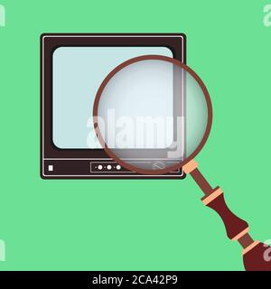 Vector illustration of a retro flat TV and a magnifying glass. Search, View. Stock Vector