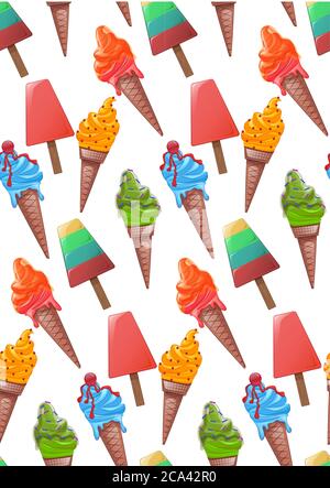 Seamless pattern of cartoon colored ice cream with various decorations. Vector background for your design and creativity Stock Vector