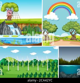 Four different scenes in nature setting cartoon style illustration Stock Vector