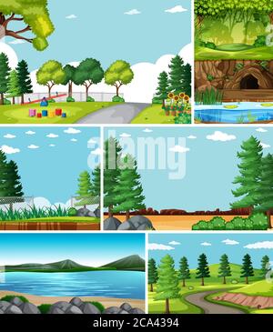 Four different scenes in nature setting cartoon style illustration Stock Vector