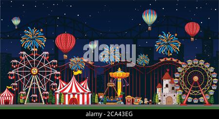 Amusement park scene at night with balloons and moon panorama ...